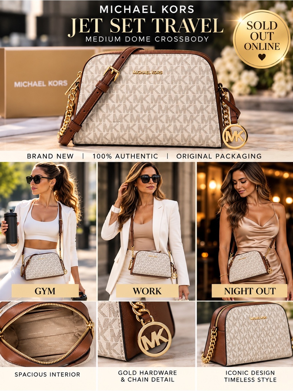 Michael Kors Jet Set Travel Medium Logo Dome Crossbody Bag White & Brown